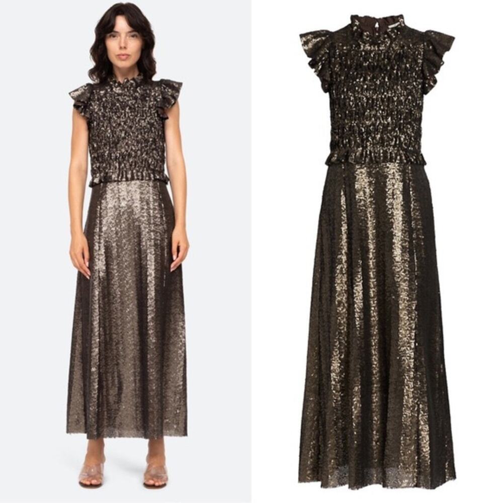 Sea New York Rachelle Smocked Sequined Midi Dress Size 12 Metallic